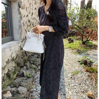 Shirred-sleeve Polka-dot Dress Navy Blue - One Size