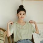 Short-sleeve Ruffle Trim Double-breasted Blouse