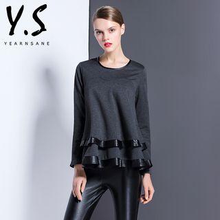 Faux Leather Trim Layered Long-sleeve T-shirt
