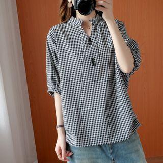 Plaid Semi Split-neck Semi-sleeve Shirt