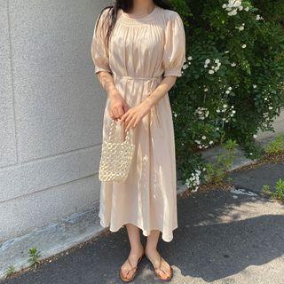 Set: Puff-sleeve Midi Dress With Sash + Slipdress