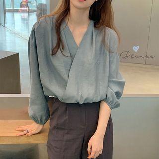 Plain Long-sleeve Wrap Blouse