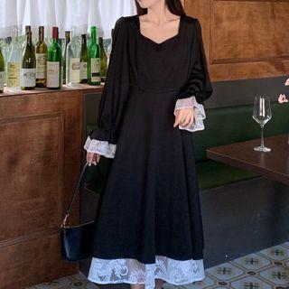 Long-sleeve Lace Up Lace Trim Midi A-line Dress