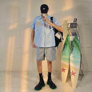 Elbow-sleeve Lettering Loose Fit Shirt