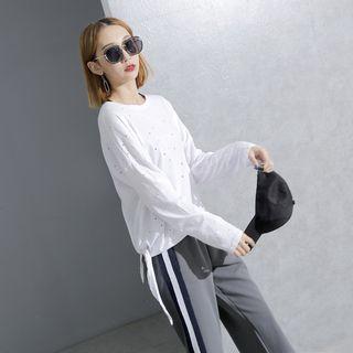 Long Sleeve Tie-side Perforated T-shirt