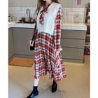 Set: Sleeveless Cable-knit Top + Tie-neck Plaid Dress Red - One Size