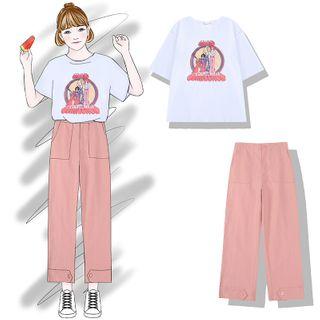 Printed Short-sleeve T-shirt / Cropped Wide-leg Pants