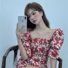 Floral Short-sleeve Slim-fit Dress Red - One Size