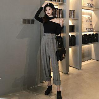 Long-sleeve Cutout Top / Plaid Harem Pants