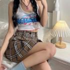 Lettering Cropped Camisole Top / Plaid Mini Skirt