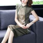 Cap-sleeve Floral Print Mandarin Collar A-line Dress