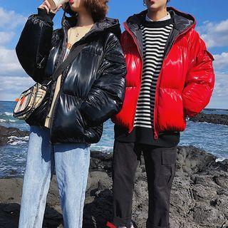 Back Applique Hooded Padded Zip Jacket