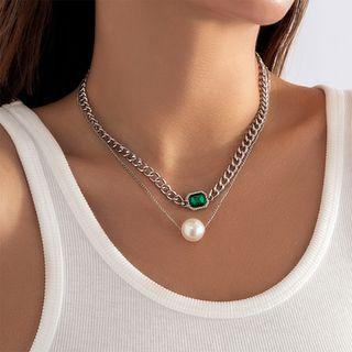 Chain Faux Pearl Layered Necklace Silver - One Size