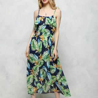 Leaf Print Strappy Midi Sundress