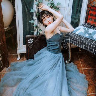 Spaghetti Strap Sheer Panel A-line Maxi Dress