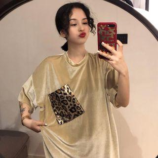 Leopard Panel Elbow-sleeve T-shirt