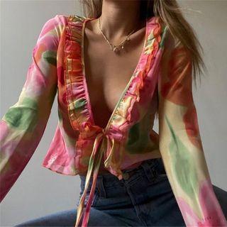 Long-sleeve Plunge-neck Frill Trim Crop Top