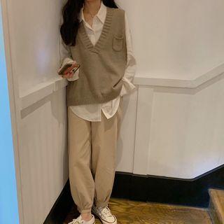 Long-sleeve Plain Shirt / Knit Vest / Harem Pants