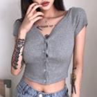 Cap-sleeve V-neck Button-up Crop Top