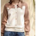 Long-sleeve Color-block Knit Sweater Almond - One Size