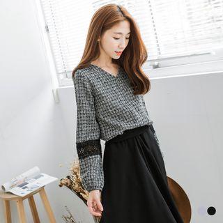 V-neck Check Panel-sleeve Top