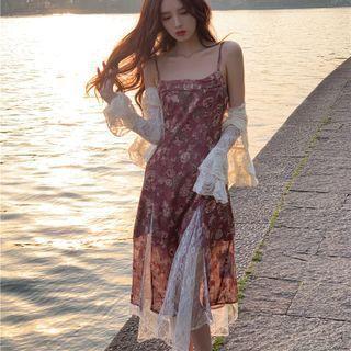 Spaghetti-strap Floral Lace Panel A-line Dress / Lace Light Jacket