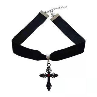 Cross Pendant Velvet Choker X071 - Black - One Size