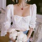 Elbow-sleeve Square-neck Floral Embroidered Crop Top