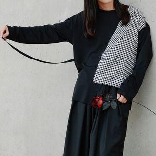 Long Sleeve Houndstooth Panel Oversized T-shirt