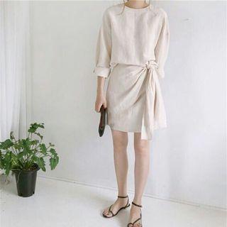 3/4-sleeve Tie-waist Dress White - One Size