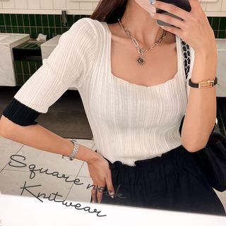 Square-neck Contrast-cuff Knit Top