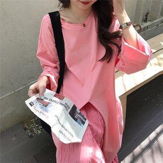 Long-sleeve Slit-front Long T-shirt / Crinkled Midi A-line Skirt