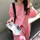 Long-sleeve Slit-front Long T-shirt / Crinkled Midi A-line Skirt