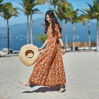 Floral Elbow-sleeve Tie-waist Dress Tangerine Red - One Size