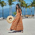 Floral Elbow-sleeve Tie-waist Dress Tangerine Red - One Size