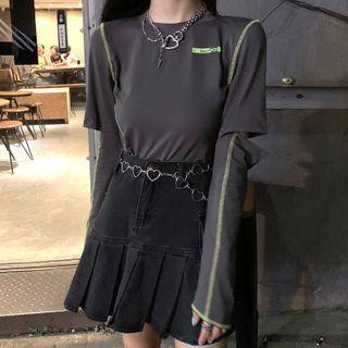 Long-sleeve Asymmetric T-shirt / Denim Skirt