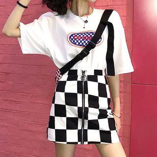 Set: Printed Elbow-sleeve T-shirt + Zip-up Checker Mini A-line Skirt