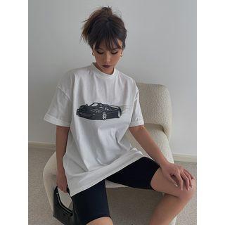 Mock-neck Printed Loose T-shirt
