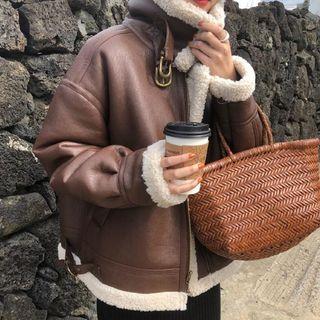 Fleece Trim Faux Leather Jacket