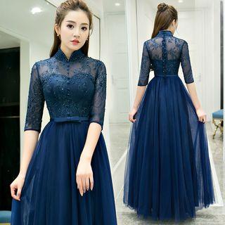 Elbow Sleeve Mandarin Collar Lace Evening Dress