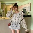 Heart Print Bell-sleeve Chiffon Blouse Off-white - One Size