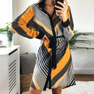Puff-sleeve Pattern Panel A-line Dress