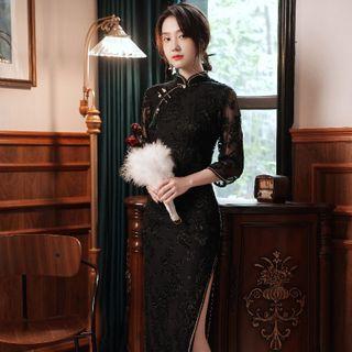 3/4 Sleeve Lace Panel Qipao Dress