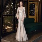Bell Sleeve V-neck Sequined Mermaid Evening Gown
