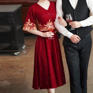 Elbow-sleeve Embroidered Midi A-line Cocktail Dress
