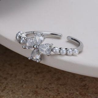 Clover Faux Pearl Open Ring Silver - One Size