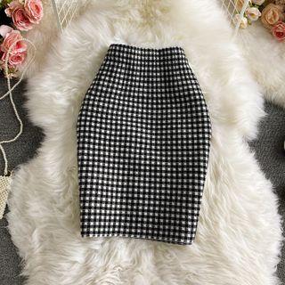 High-waist Check Pencil Skirt Black - One Size