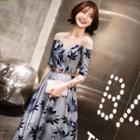 Flower Print Elbow-sleeve Sheath Evening Gown