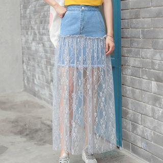 Lace Overlay Maxi Denim Skirt