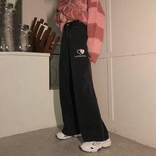 High Waist Heart Embroidered Wide Leg Jeans